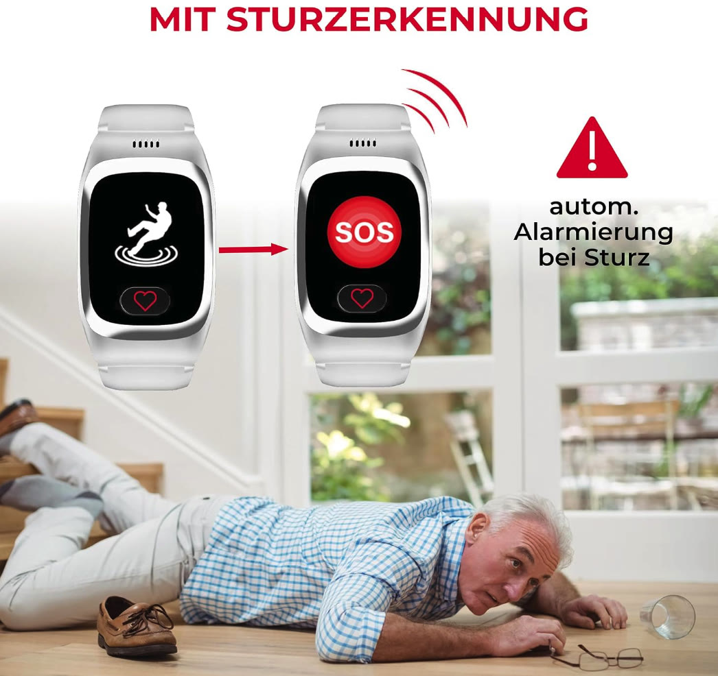 Darstellung der Sturzerkennungsfunktion der James B8 Notrufuhr.
