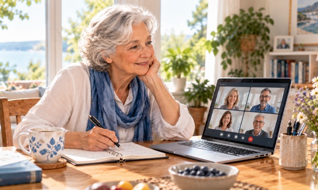 Ältere Frau nimmt zu Hause an einer Videokonferenz teil und macht sich Notizen.