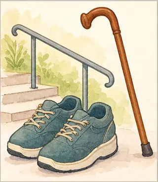 Feste Schuhe, Handlauf und Gehstock als Illustration für Sicherheit und Mobilität.