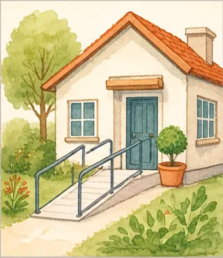 Barrierearmer Hauseingang mit Rampe und Handlauf als Illustration für selbstständiges Wohnen.