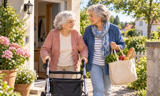 Zwei ältere Frauen verlassen gemeinsam ein Haus; eine geht mit Rollator, die andere trägt Einkäufe.